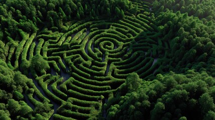People navigate through a vast green maze located in a garden. The maze features tall hedges and winding paths. Sunlight filters through the trees above.