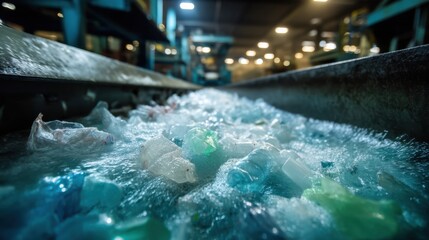 Colorful pieces of plastic waste are seen flowing down a conveyor belt in a recycling facility. Workers are sorting materials as machines process the items.