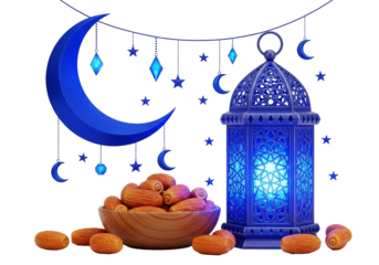 3D rendered illustration of a blue Islamic lantern, crescent moon, and dates for Ramadan and Eid Mubarak, isolated on transparent background.