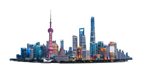 Modern city skyline with illuminated skyscrapers and a futuristic television tower glowing with vibrant pink and blue lights at night in a panoramic view