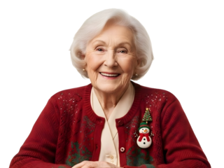 Smiling Senior Woman Christmas Cardigan Snowman Brooch Festive Joy Holiday Season