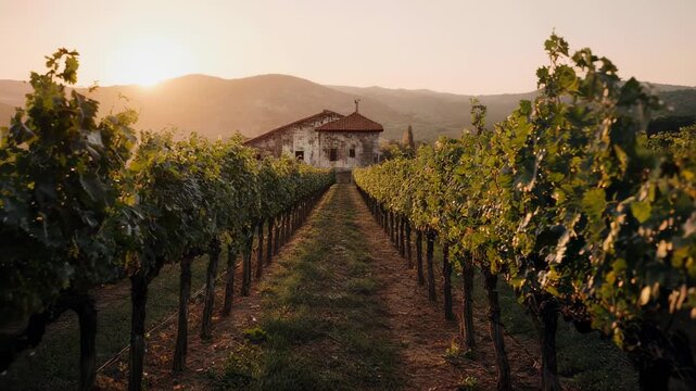 A vineyard stretches towards a rustic building under a warm, hazy sunrise