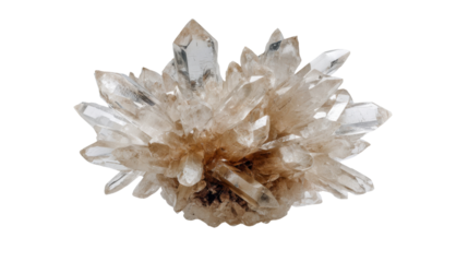 Clear quartz crystal cluster growing from rock with numerous sharp mineral formations, isolated on transparent background