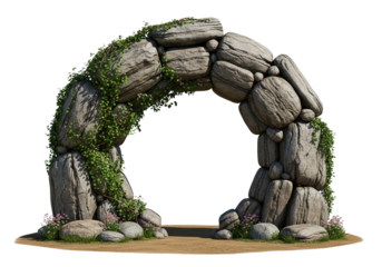 A majestic, highly detailed 3D rendering of an ancient, natural stone archway, overgrown with lush green vines and delicate wildflowers, isolated on transparent background.