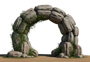 A 3D natural stone archway, rustic and weathered, overgrown with lush green vines and delicate tiny flowers, on earthy ground, isolated on a transparent background.