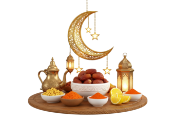 3D Ramadan still life with golden crescent, ornate lanterns, dates, and spices, isolated on transparent background for Islamic festival.