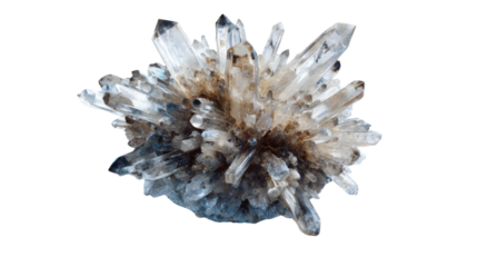 Clear quartz crystal cluster showing natural mineral formation and geological beauty on transparent background