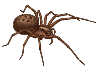 Detailed scientific illustration of a brown recluse spider, a venomous arachnid with a distinctive fiddle-shaped mark, isolated on transparent background.
