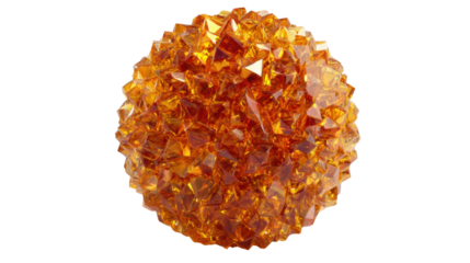 Abstract orange crystal sphere with faceted surface and spiky texture, creating a beautiful gemstone object. Transparent background