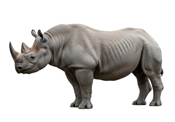 Obraz premium A majestic and powerful black rhinoceros stands proudly, showcasing its massive horn and thick, wrinkled skin, captured in a detailed photograph, isolated on transparent background.