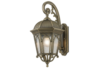 Ornate antique bronze outdoor wall lantern with textured glass panels and decorative scrollwork, isolated on transparent background, perfect for architectural design.