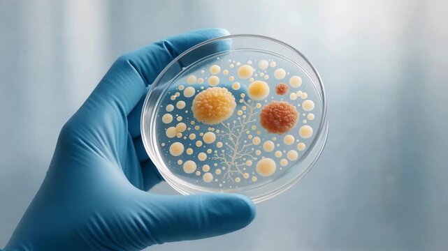 Microbiologist hand holding a petri dish with various bacteria and fungi colonies growing inside