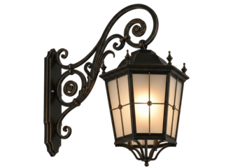 Ornate Victorian wall lantern with frosted glass, illuminated and glowing warmly, an antique-style architectural fixture isolated on a transparent background.