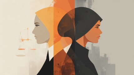 Two women are shown in profile facing opposite directions. One has a yellow scarf and the other has a dark hoodie. There are symbols of justice and urban designs in the background.