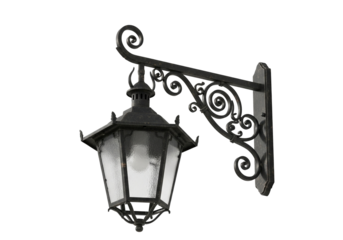 Ornate vintage outdoor lantern with intricate scrollwork, classic design, and textured glass, mounted on a wall, isolated on transparent background.