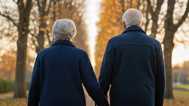 Loving senior couple holding hands walking away together through a sunlit golden autumn park avenue symbolizing everlasting relationship and devotion