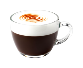 Hot cappuccino coffee in a transparent glass cup with a beautiful swirl pattern on the frothy milk, a classic espresso-based drink for a warm and comforting refreshment