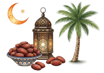 Detailed watercolor illustration of traditional Islamic Ramadan celebration elements: glowing lantern, ripe dates, palm tree, crescent moon, and star isolated on transparent background.