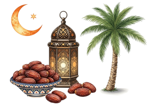 Detailed watercolor illustration of traditional Islamic Ramadan celebration elements: glowing lantern, ripe dates, palm tree, crescent moon, and star isolated on transparent background. - Powered by Adobe