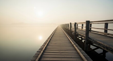 A wooden pier extends into a misty lake at sunrise, creating a serene and atmospheric scene.