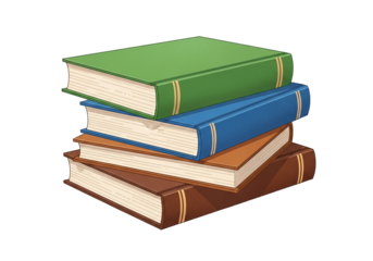 A colorful stack of hardcover books, digitally illustrated, presented isolated on a transparent background, perfect for educational or library themes.
