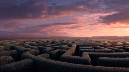 Obraz premium A large maze made of tall grass is visible in an open area during sunset. The sky shows different shades of color from the sun setting while mountains sit far away.