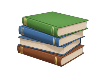 Stack of four hardcover books with green, blue, and brown covers, isolated on a transparent background, perfect for educational and literary themes.