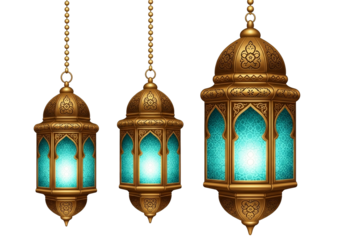 Three ornate golden Islamic lanterns with glowing turquoise glass panels, intricately detailed, isolated on a transparent background for cultural and festive decor.