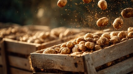 Workers are seen collecting fresh potatoes and placing them into wooden crates under the afternoon sun at a farm. Dust rises as potatoes are handled and organized for transport.