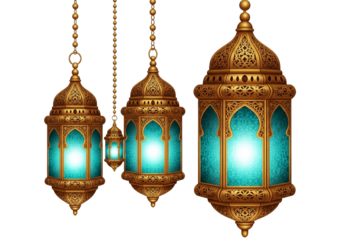 Three ornate golden Moroccan lanterns with glowing turquoise glass panels, Islamic-inspired designs, intricate details, hanging, isolated on transparent background