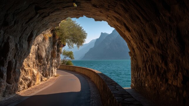 A road runs through a stone tunnel that opens to a view of a lake and distant mountains. Sunlight enters the tunnel creating contrast with the scenery outside. - Powered by Adobe