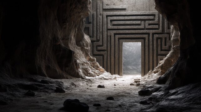 A doorway with geometric patterns is visible inside a cave. Sunlight enters casting shadows on the rocky surfaces. The cave has rough walls and a sandy floor.