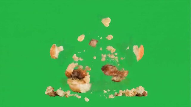 Savory burger bursts into delicious pieces on green