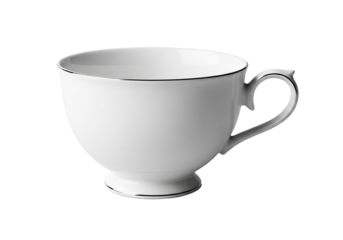 Elegant white porcelain teacup with delicate silver rim detail isolated on transparent background, perfect for fine dining and special occasions, sophisticated beverage service