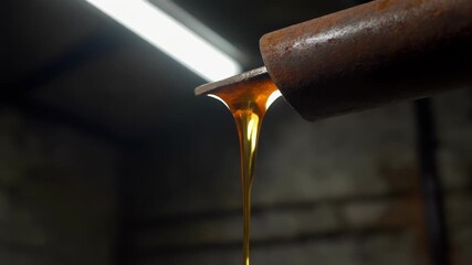 Golden Viscous Liquid Dripping from Industrial Spout Thick Oil Honey or Syrup Flowing Down Emphasizing Viscosity and Purity