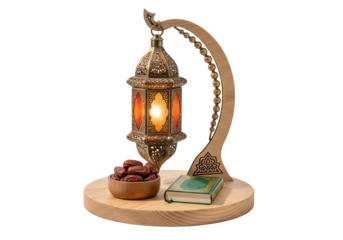 Elegant Islamic lantern with dates and Quran, symbolizing Ramadan traditions and cultural celebration, isolated on transparent background for festive decor and religious events.