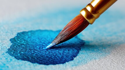 A brush touches paper spreading blue watercolor paint in a circular shape. The scene shows an artist's workspace with tools and materials around. The focus is on color mixing.