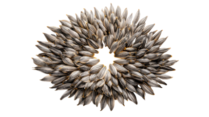 Sunflower seeds arranged in a circular wreath pattern, forming an edible design, transparent background