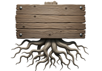 Ancient weathered wooden signpost with intricate root system base, isolated on transparent background, high-resolution 3D rendering