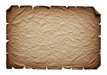 High-resolution photograph of an aged, deeply crumpled antique paper texture with rustic burnt edges and blank copy space, isolated on transparent background.