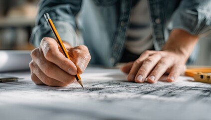 Close-up of a hand sketching architectural plans with a pencil