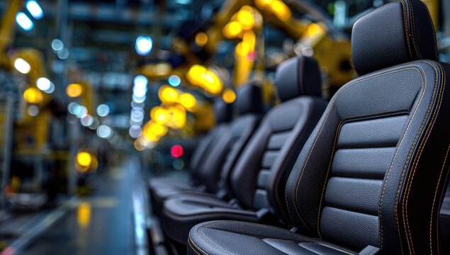 Row of automotive seats on an assembly line with blurred factory lights