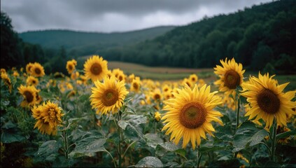 Vibrant sunflowers in full bloom under a dramatic, cloudy sky