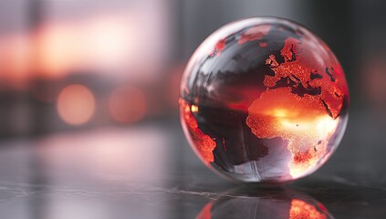 Glass globe with fiery continents reflecting warm sunset light