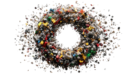 Circular structure formed by colorful plastic toy parts, broken cars, and construction blocks dissolving on transparent background