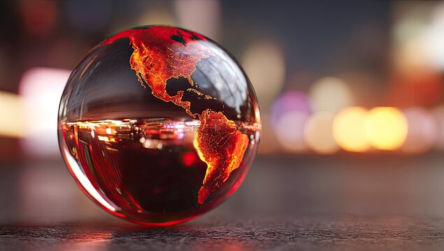 A transparent globe reflecting a city at night, with a fiery glow - Powered by Adobe