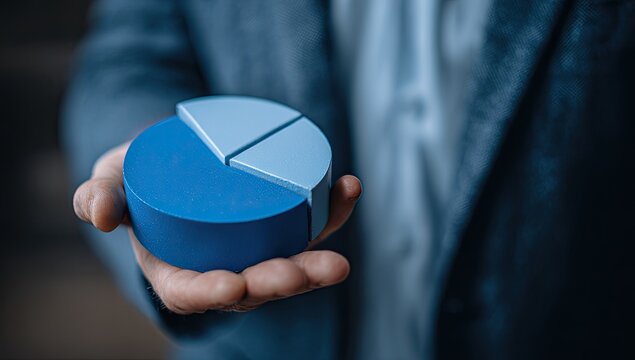 A hand holds a small, three-part pie chart representing data and analysis - Powered by Adobe