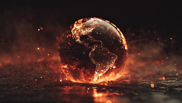Fiery planet Earth engulfed in flames and glowing embers on dark surface