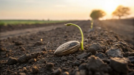 Fototapeta premium Sunflower seed sprouting in damp soil with new life emerging