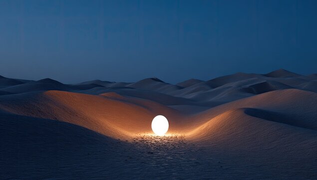 Glowing egg illuminates surreal desert dunes under twilight sky